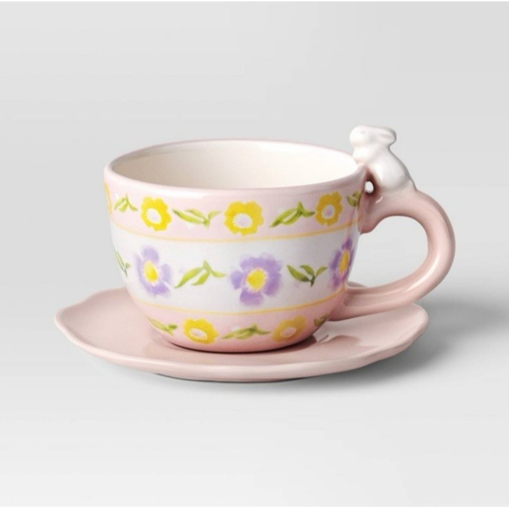 Threshold‎ 10 oz Easter Bunny Floral Stoneware Tea Cup & Saucer Set – New